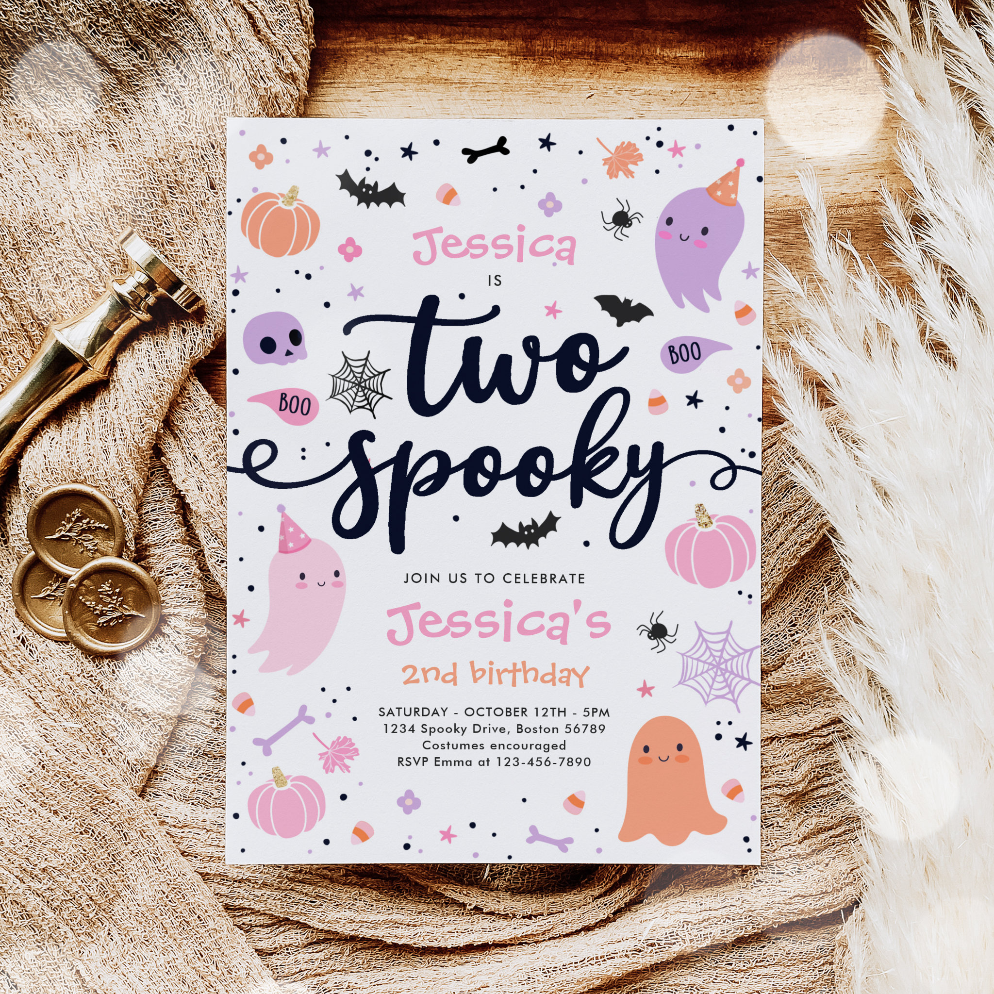 Two Spooky Cute Halloween Ghost 2nd Birthday Party Invitation