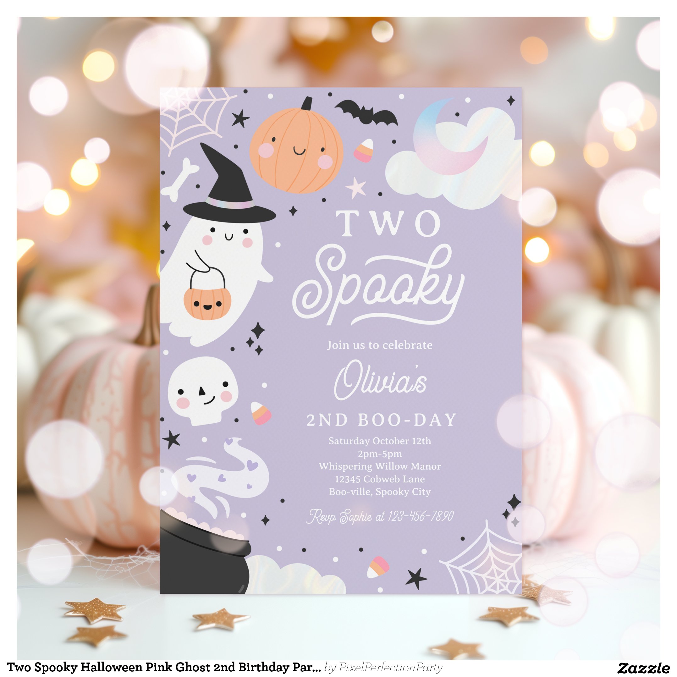 Two Spooky Halloween Pink Ghost 2nd Birthday Party Invitation