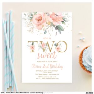 TWO Sweet Blush Pink Floral Gold Second Birthday Invitation