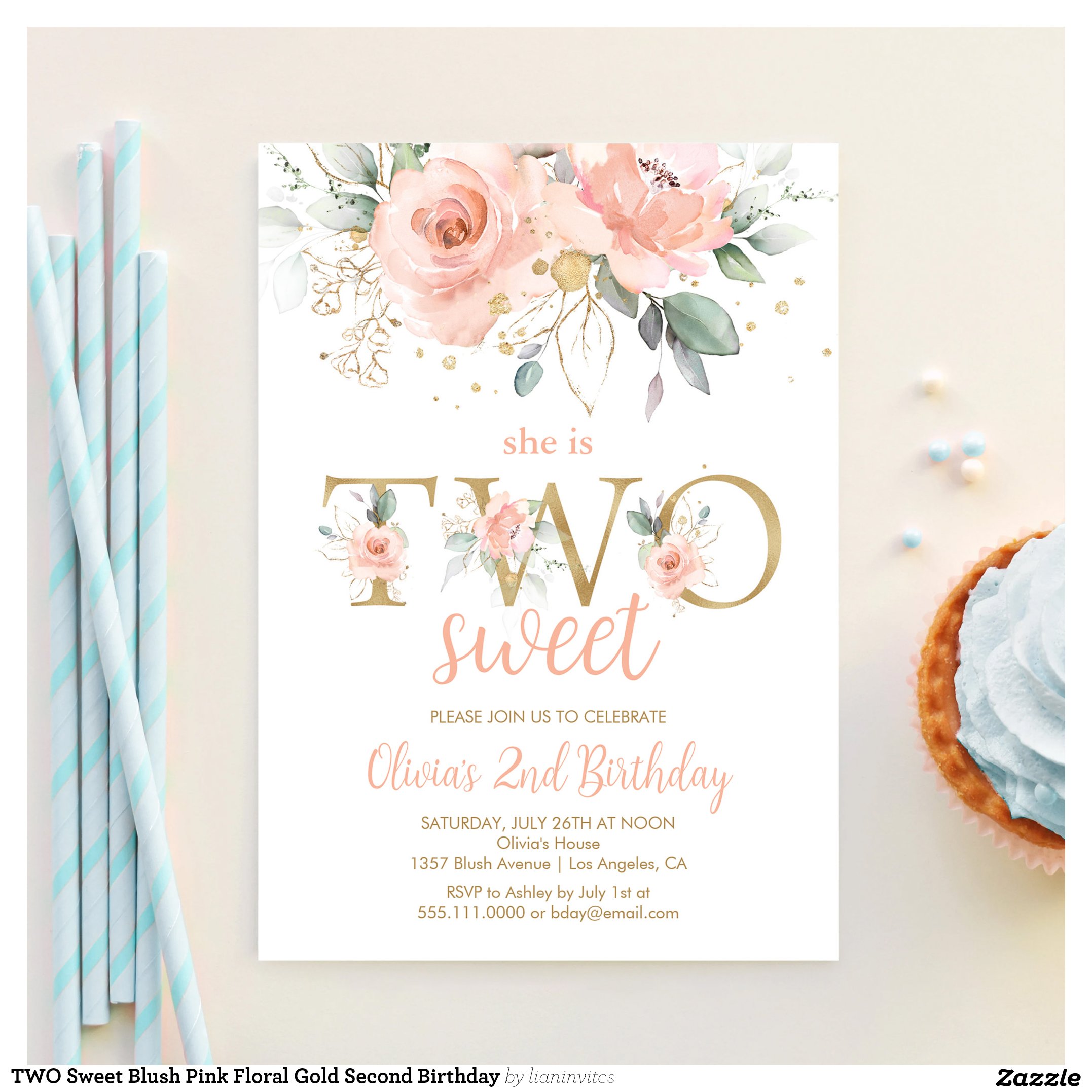 TWO Sweet Blush Pink Floral Gold Second Birthday Invitation