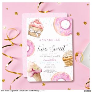 Two Sweet Cupcake & Donuts Girl 2nd Birthday Invitation