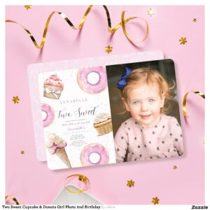 Two Sweet Cupcake & Donuts Girl Photo 2nd Birthday Invitation