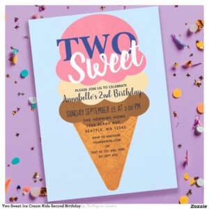 Two Sweet Ice Cream Cute Kids 2nd Birthday Invitation