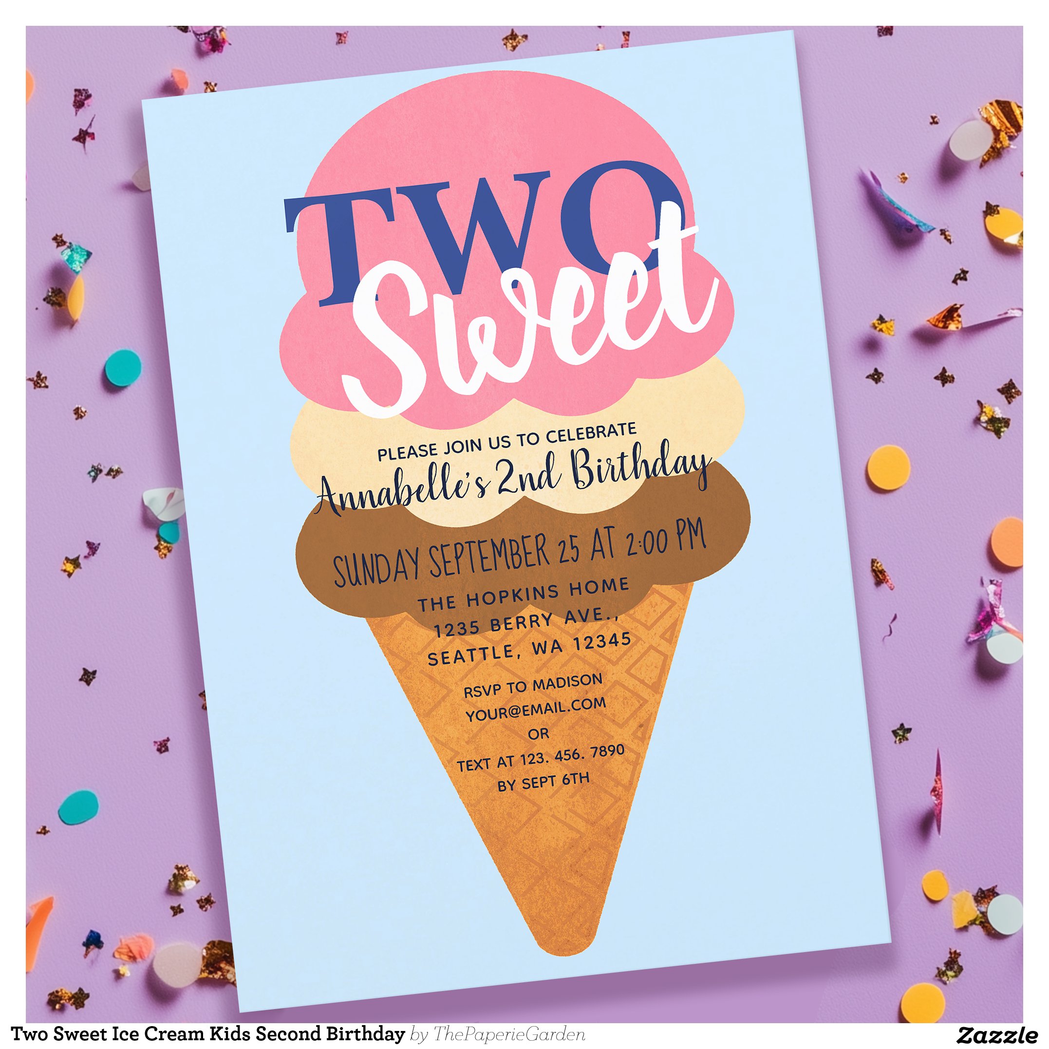 Two Sweet Ice Cream Cute Kids 2nd Birthday Invitation