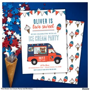 Two Sweet Ice Cream Party 2nd Birthday Invitation