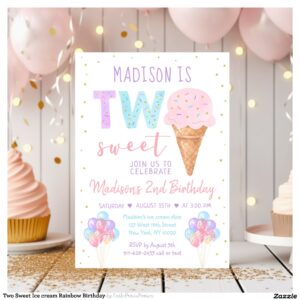 Two Sweet Ice cream Rainbow Birthday Invitation