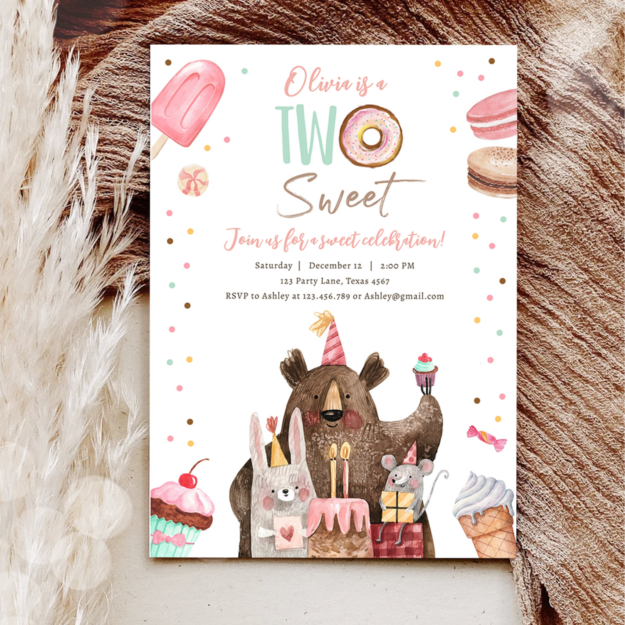 Two Sweet Party Animals Donut Girl Second Birthday Invitation