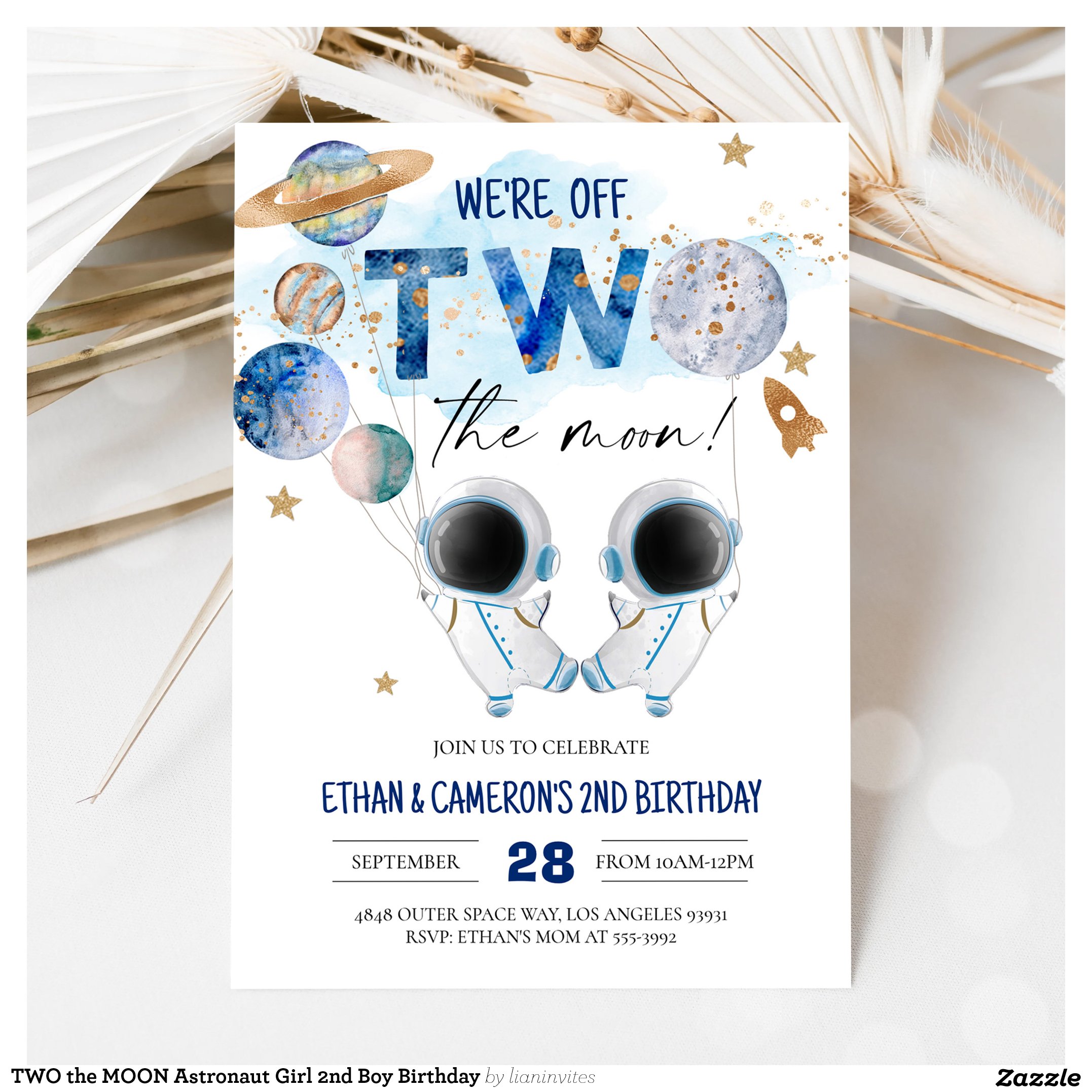 TWO the MOON Astronaut Girl 2nd Boy Birthday Invitation