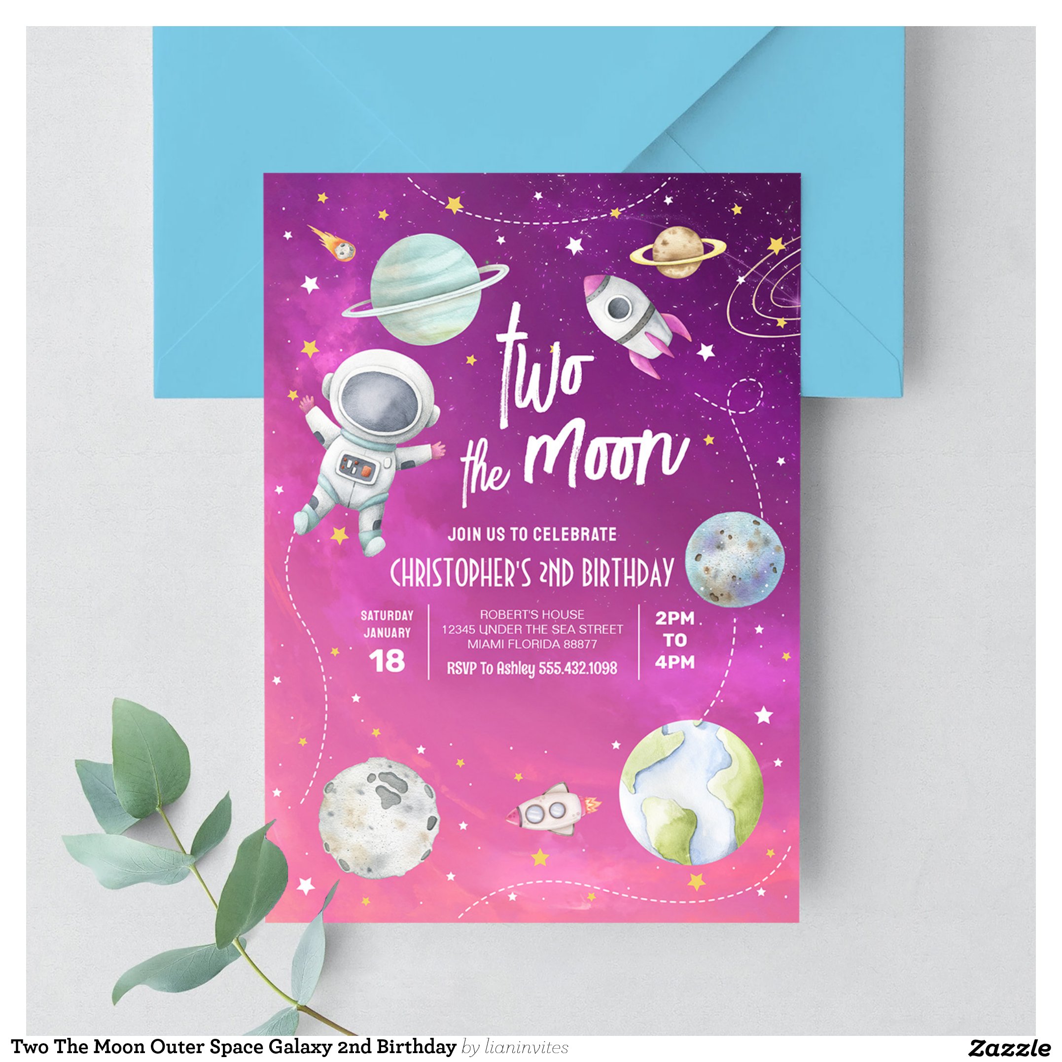 Two The Moon Outer Space Galaxy 2nd Birthday Invitation