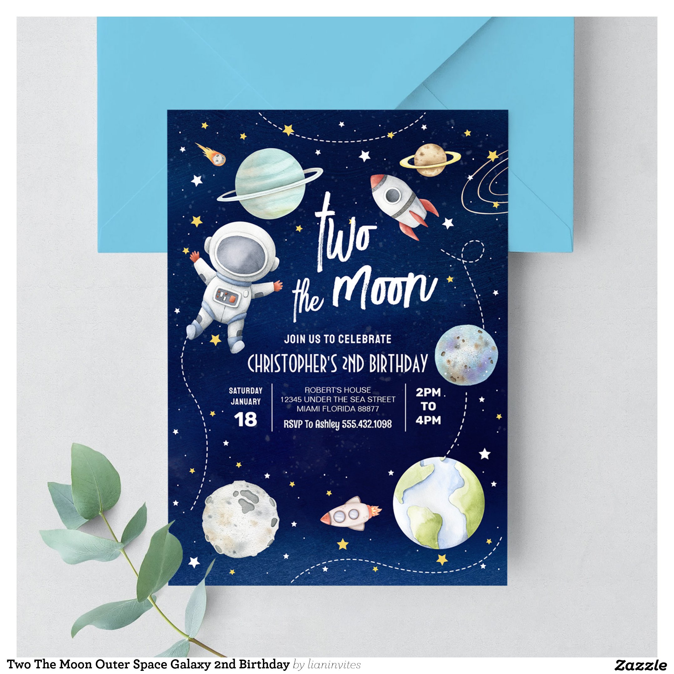 Two The Moon Outer Space Galaxy 2nd Birthday Invitation