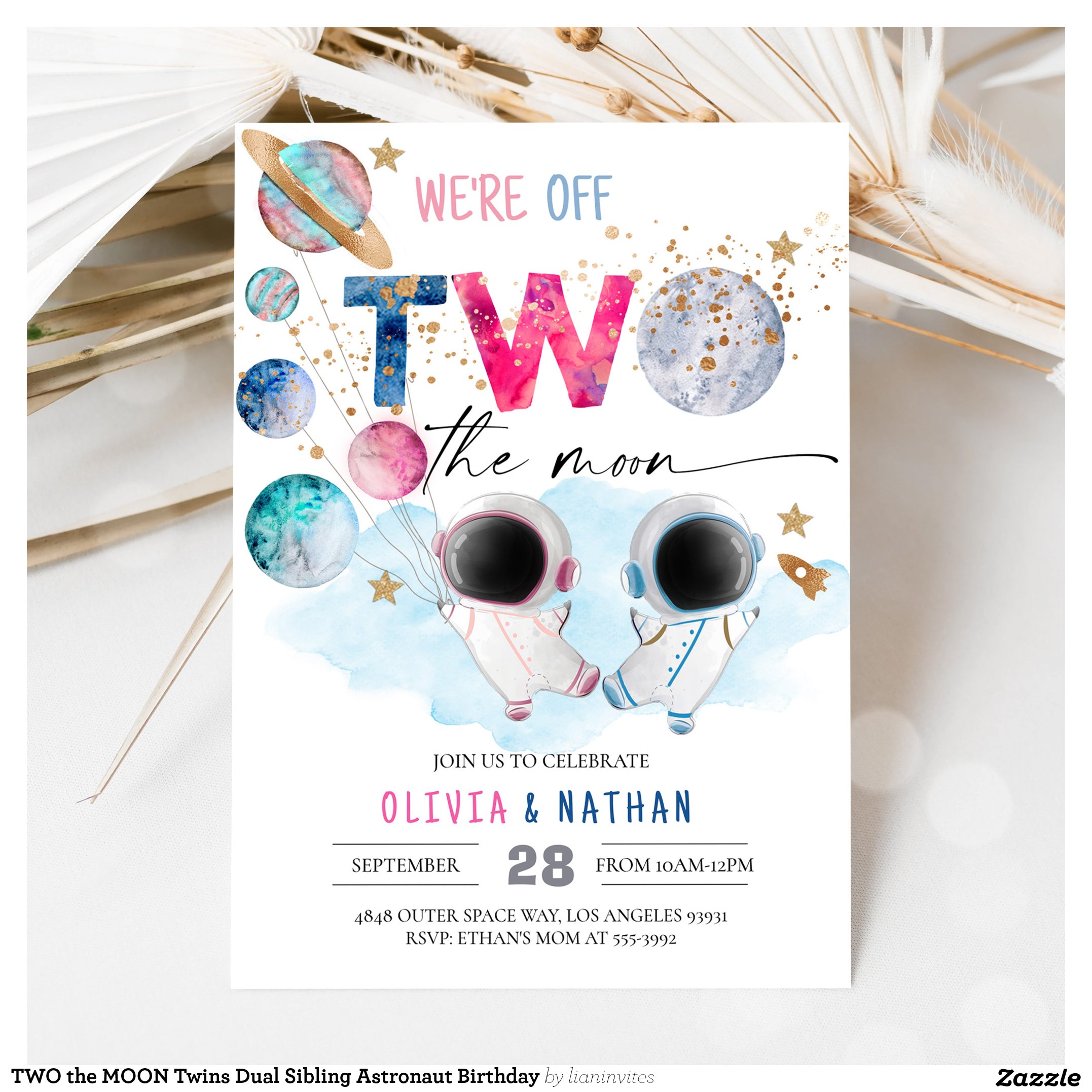 TWO the MOON Twins Dual Sibling Astronaut Birthday Invitation