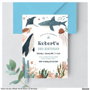 Under the Sea Whale Turtle Shark 1st Birthday Invitation