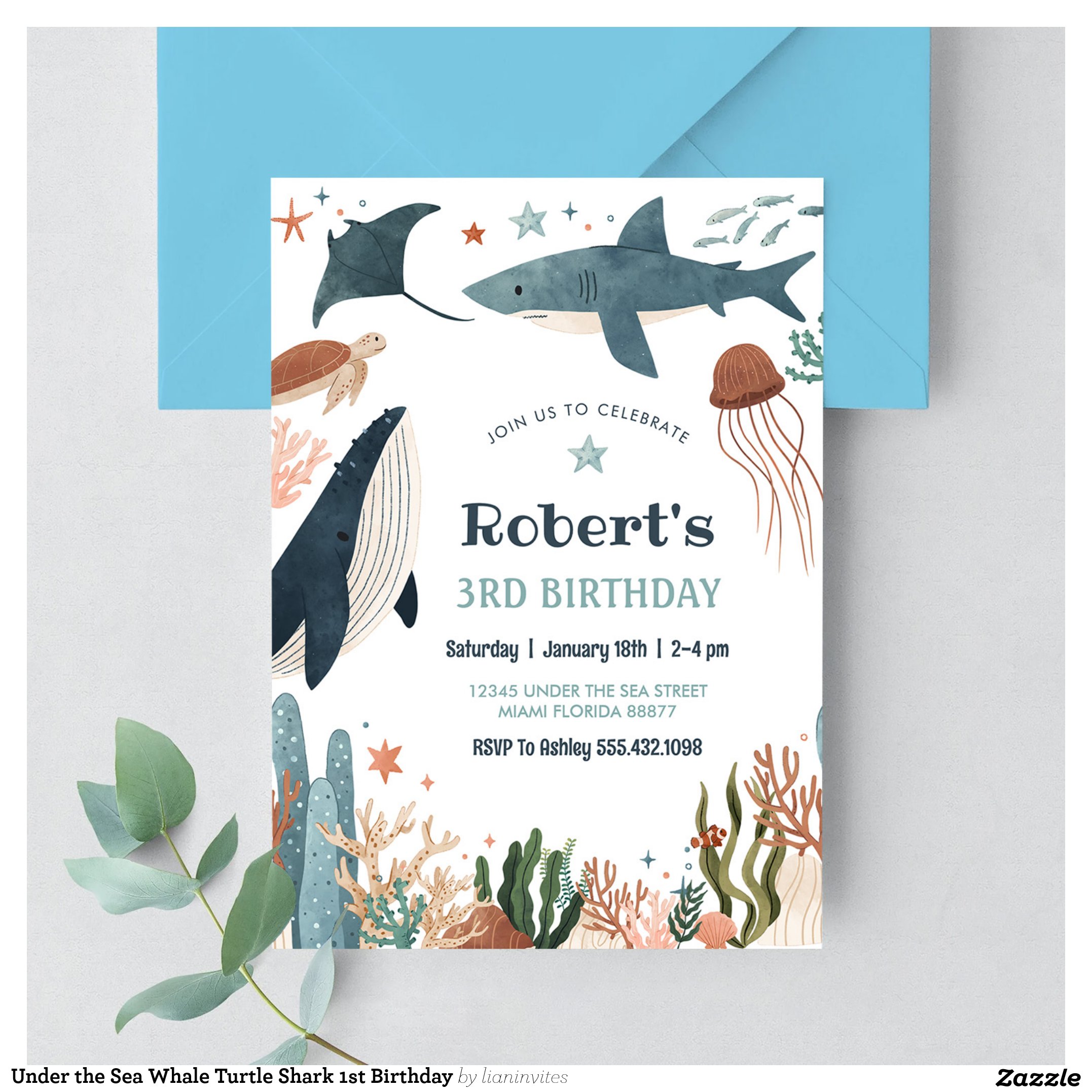 Under the Sea Whale Turtle Shark 1st Birthday Invitation