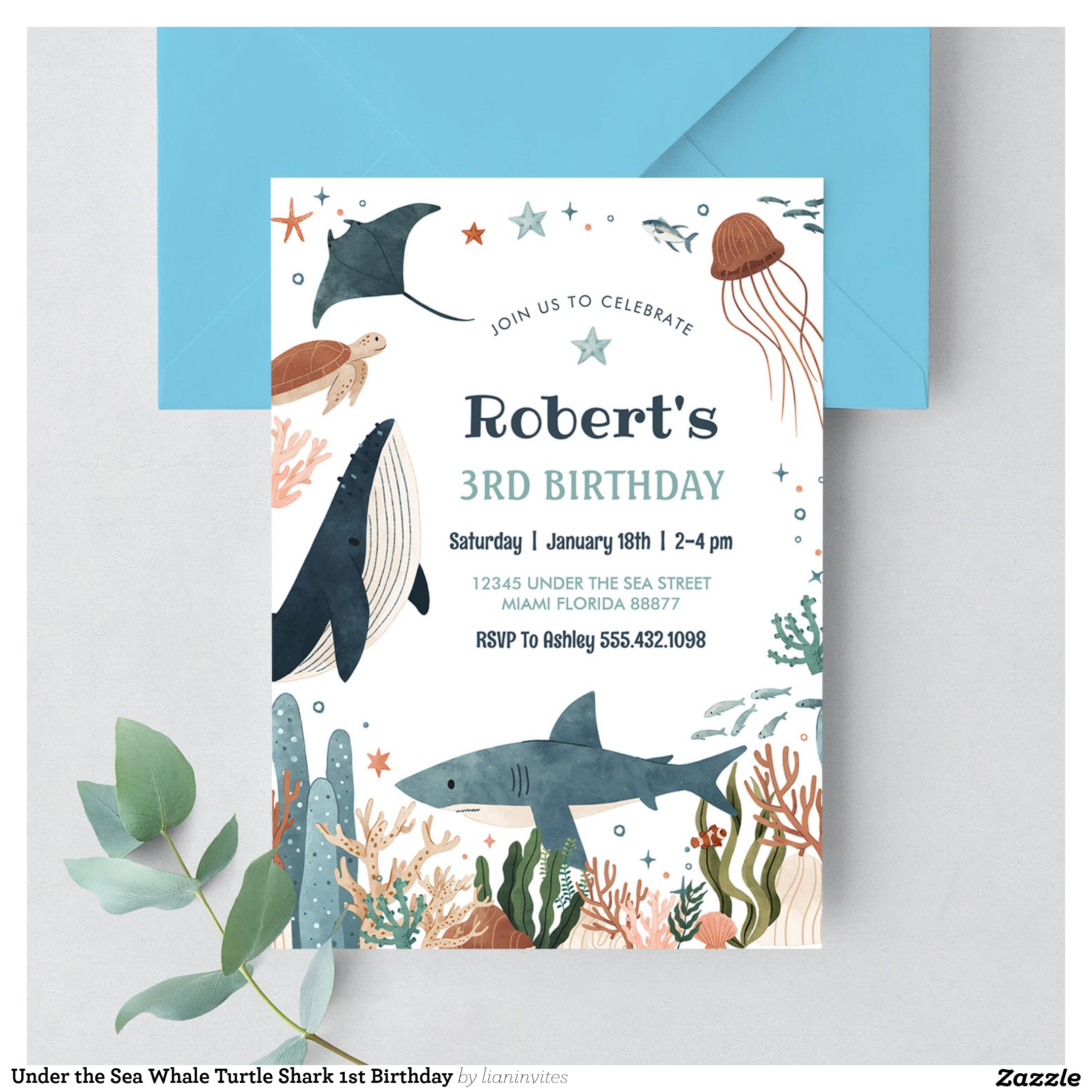 Under the Sea Whale Turtle Shark 1st Birthday Invitation