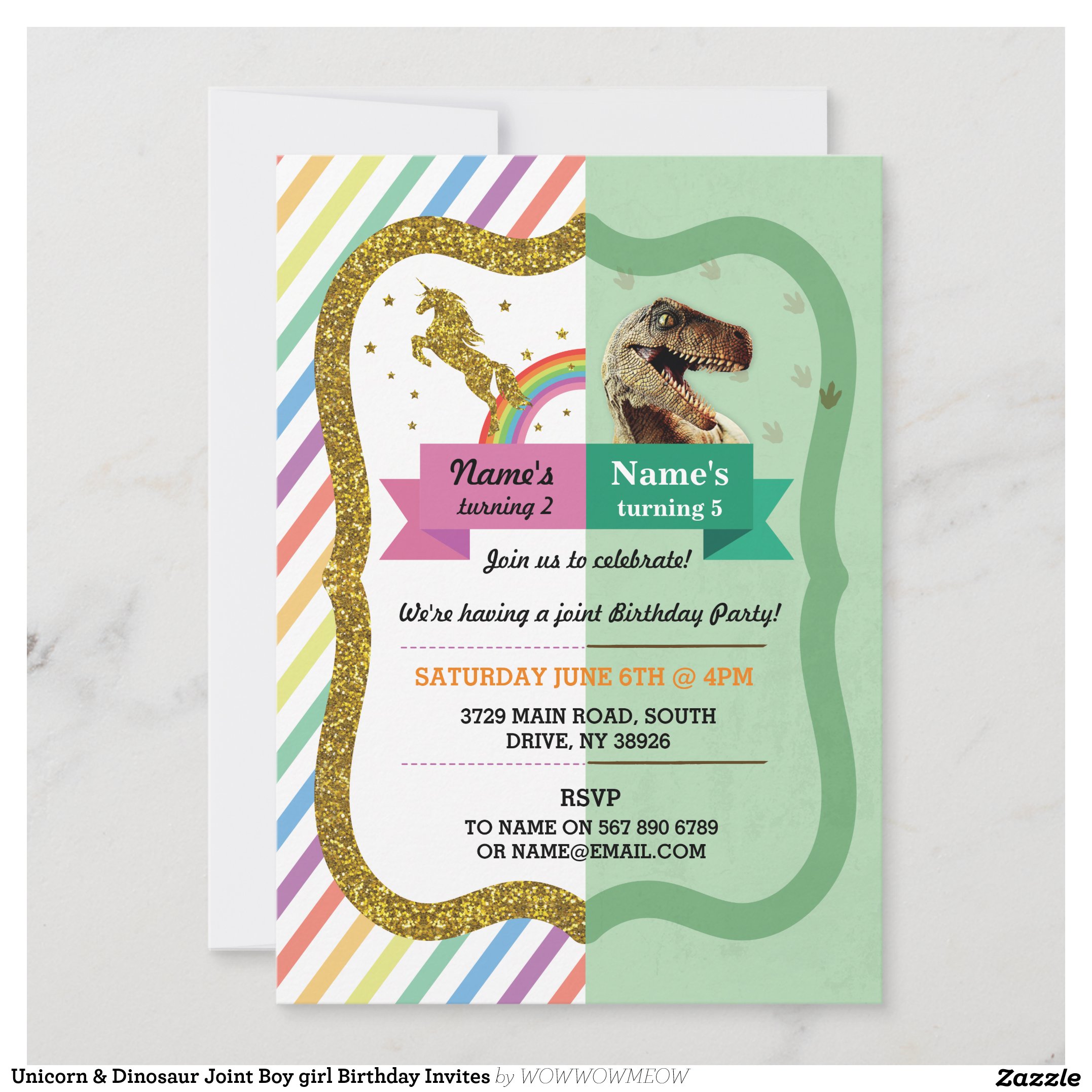 Unicorn & Dinosaur Joint Boy girl Birthday Invites