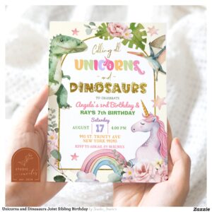 unicorns_and_dinosaurs_joint_sibling_birthday_invitation-r_wsajld_2154 Unicorns and Dinosaurs Joint Sibling Birthday Invitation
