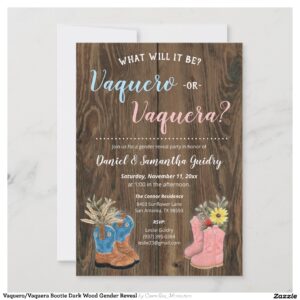 Vaquero/Vaquera Bootie Dark Wood Gender Reveal Invitation