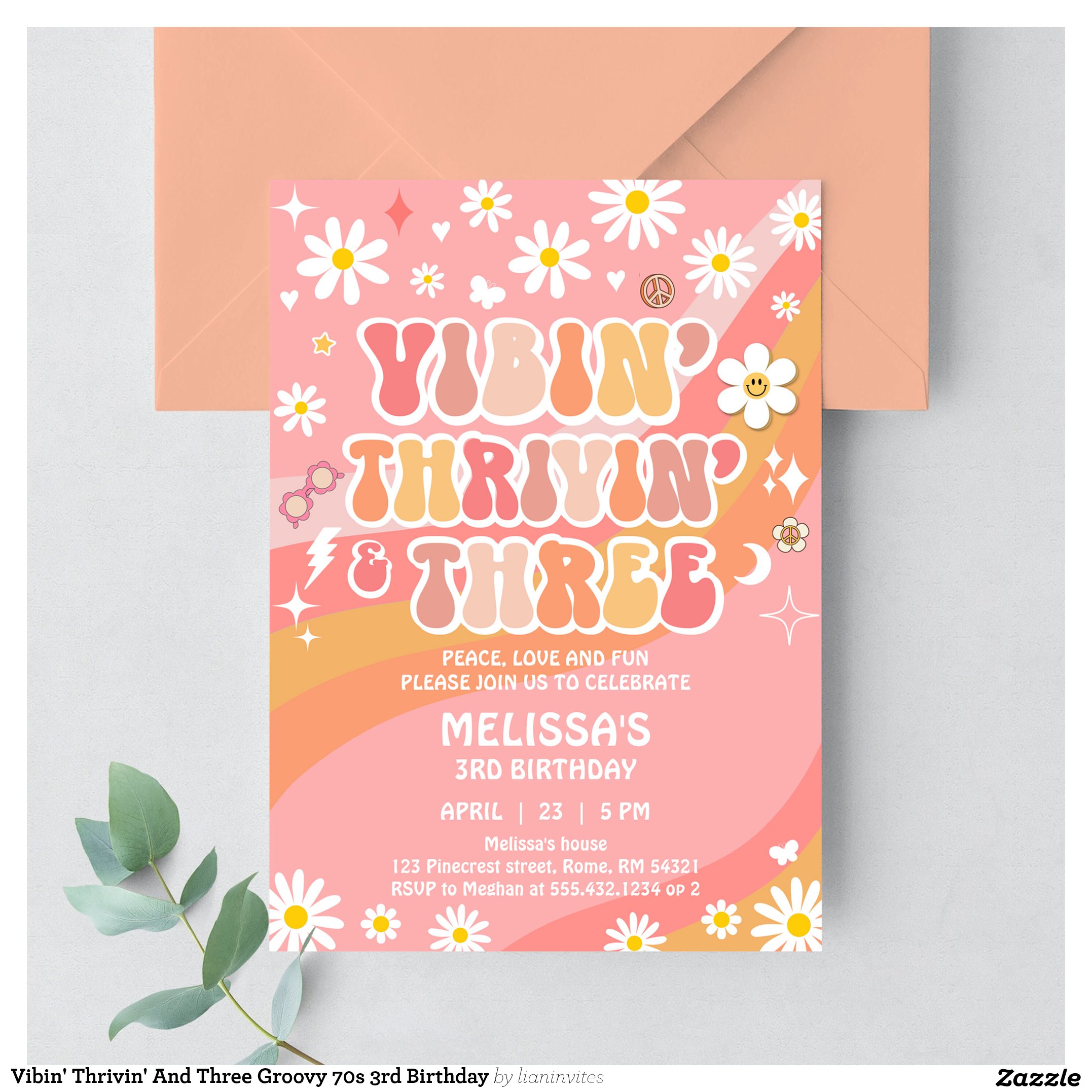 Vibin' Thrivin' And Three Groovy 70s 3rd Birthday Invitation