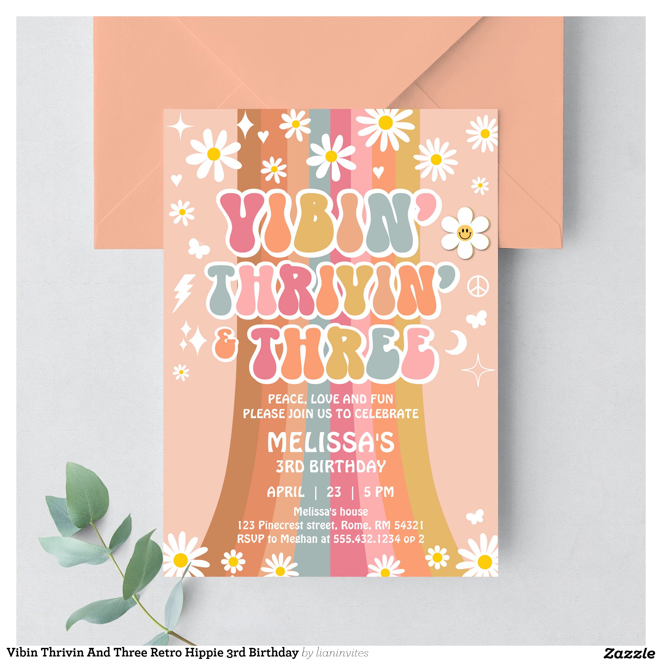 Vibin Thrivin And Three Retro Hippie 3rd Birthday Invitation