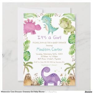 Watercolor Cute Dinosaur Greenery Girl Baby Shower Invitation
