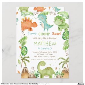Watercolor Cute Dinosaurs Greenery Boy Birthday Invitation