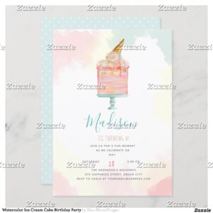 Watercolor Ice Cream Cake Birthday Party Invitation