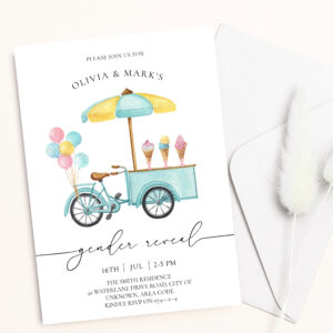 Watercolor Ice Cream Cart Baby Gender Reveal Invitation