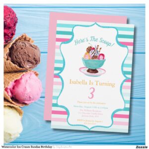 Watercolor Ice Cream Sundae Birthday Invitation