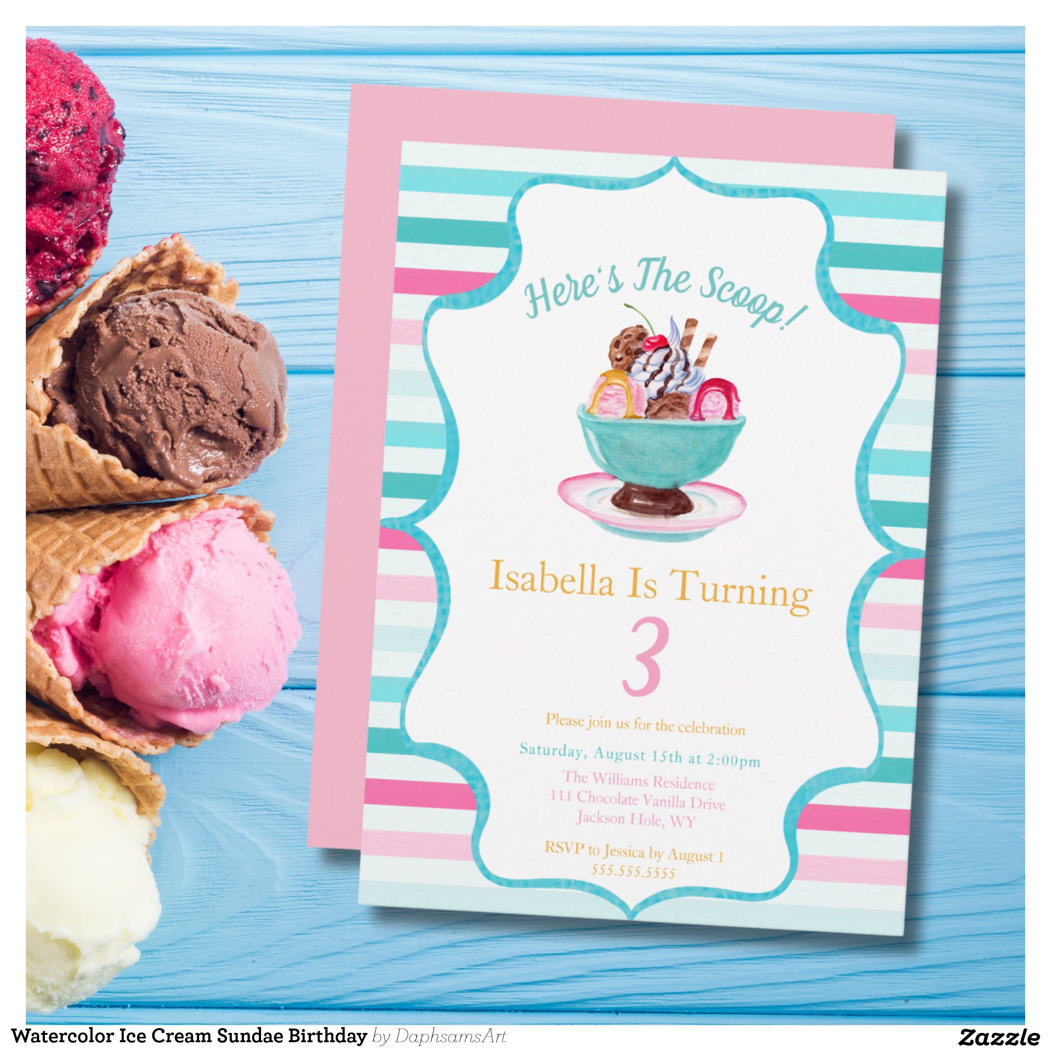 Watercolor Ice Cream Sundae Birthday Invitation