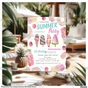 Watercolor Ice creams,Donuts Birthday Party Invitation