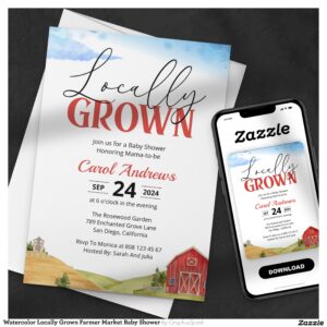 Watercolor Locally Grown Farmer Market Baby Shower Invitation