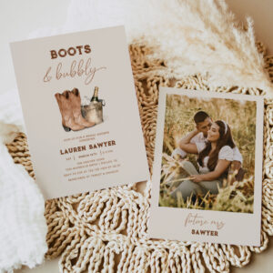 Watercolor Photo Boots & Bubbly Bridal Shower Invitation