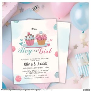 Watercolor pink blue cupcake gender reveal party invitation