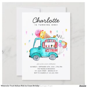 Watercolor Truck Balloon Kids Ice Cream Birthday Invitation