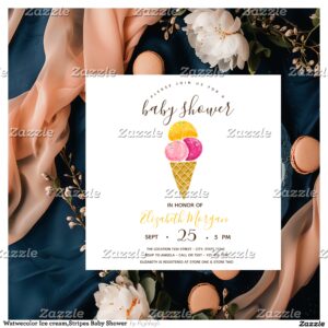 Watwecolor Ice cream,Stripes Baby Shower Invitation