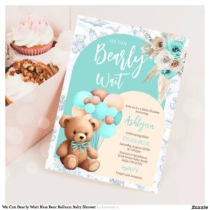 We Can Bearly Wait Blue Bear Balloon Baby Shower Invitation