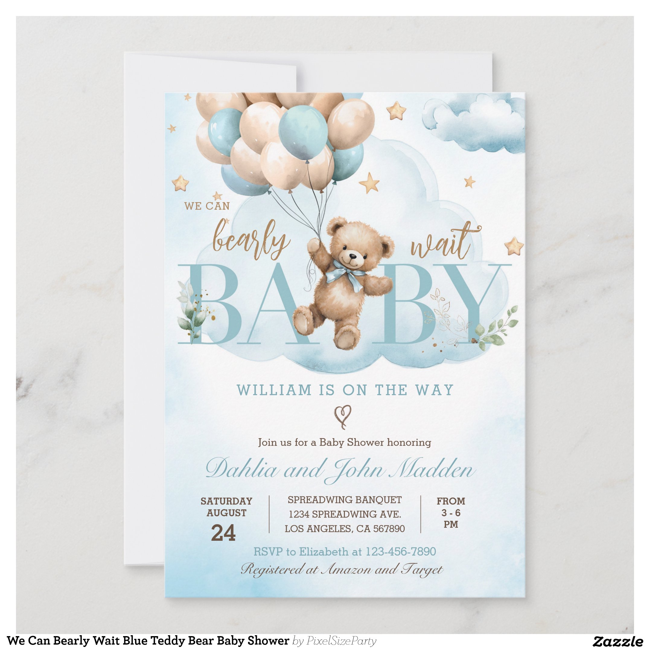 We Can Bearly Wait Blue Teddy Bear Baby Shower Invitation