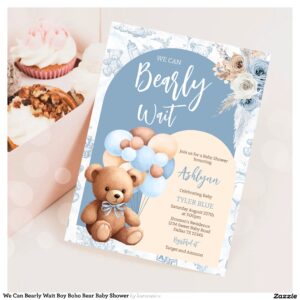 We Can Bearly Wait Boy Boho Bear Baby Shower Invitation