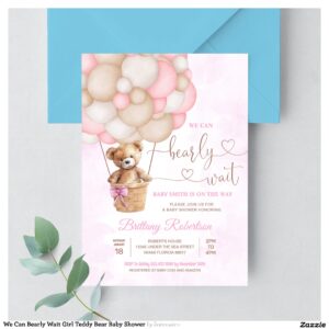 We Can Bearly Wait Girl Teddy Bear Baby Shower Invitation