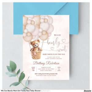 We Can Bearly Wait Girl Teddy Bear Baby Shower Invitation