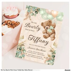 We Can Bearly Wait Green Teddy Bear Baby Shower Invitation