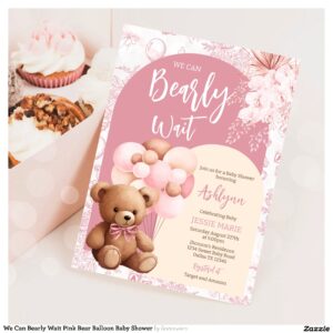 We Can Bearly Wait Pink Bear Balloon Baby Shower Invitation