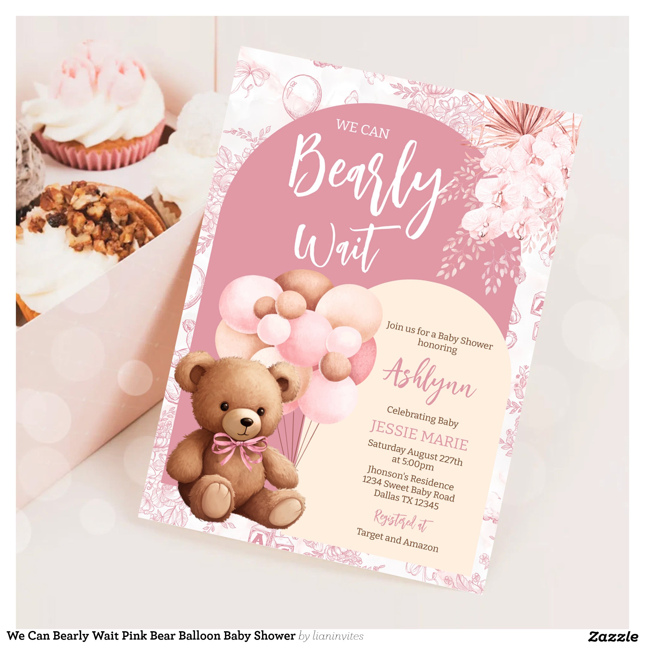 We Can Bearly Wait Pink Bear Balloon Baby Shower Invitation