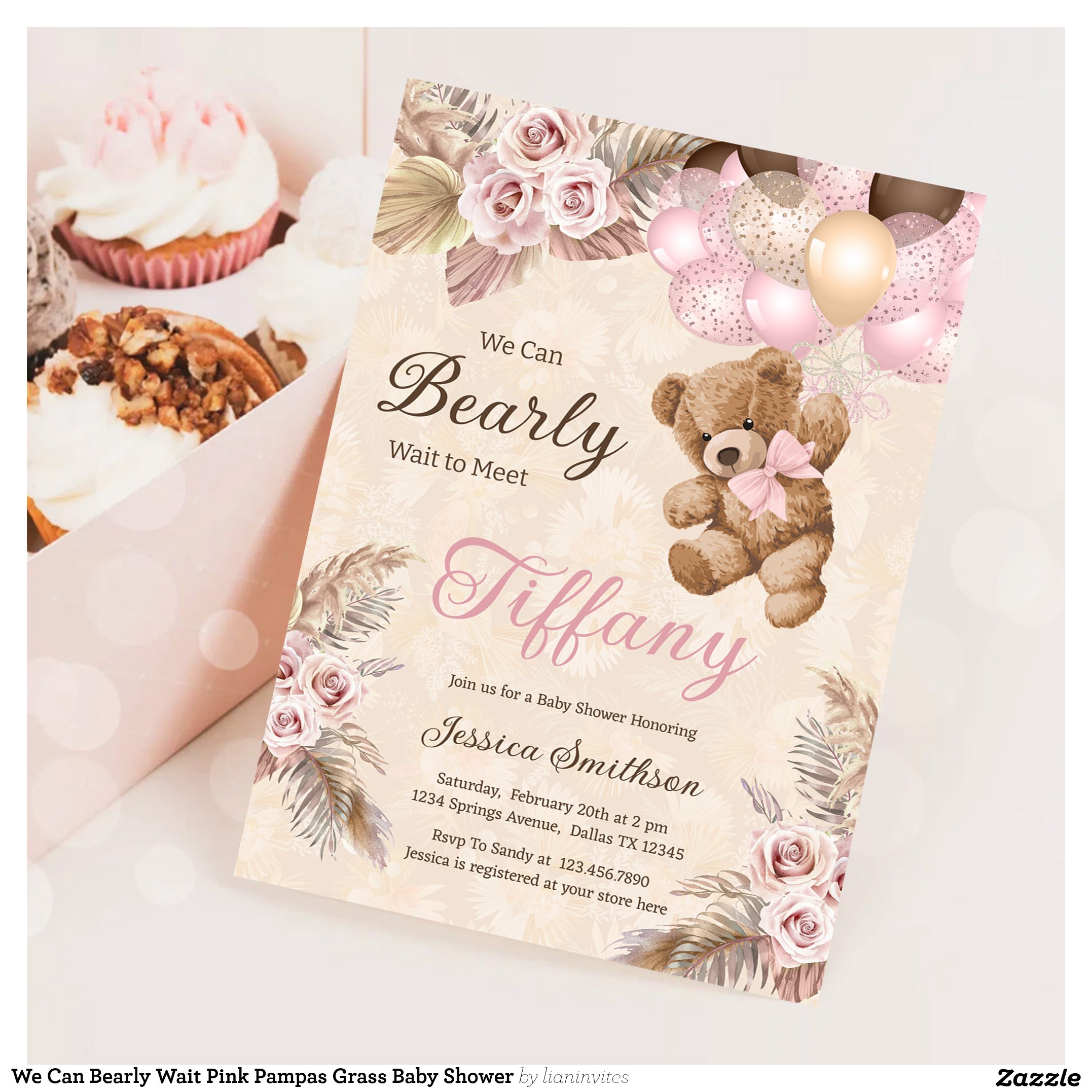 We Can Bearly Wait Pink Pampas Grass Baby Shower Invitation