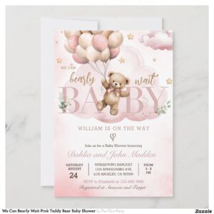 We Can Bearly Wait Pink Teddy Bear Baby Shower Invitation