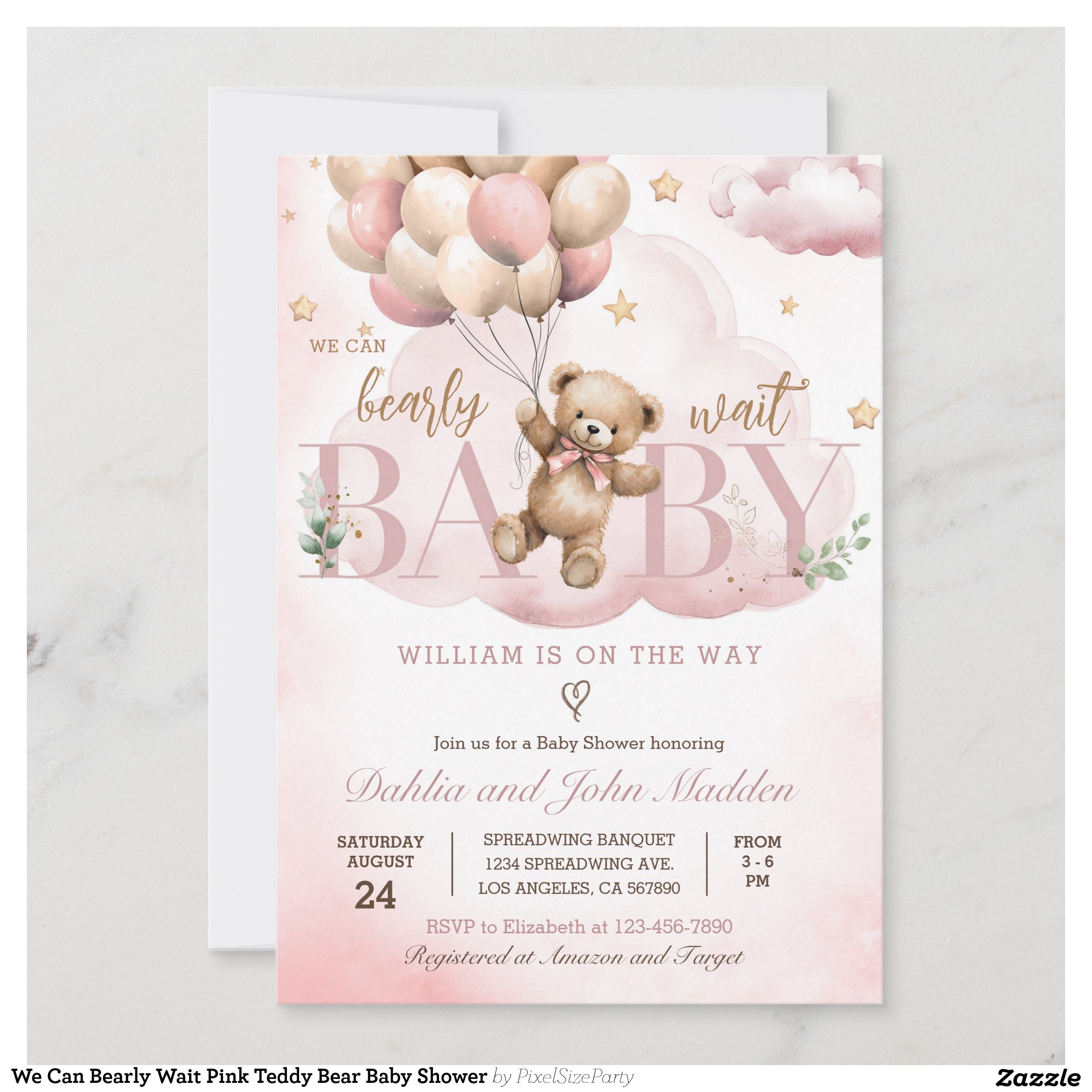 We Can Bearly Wait Pink Teddy Bear Baby Shower Invitation