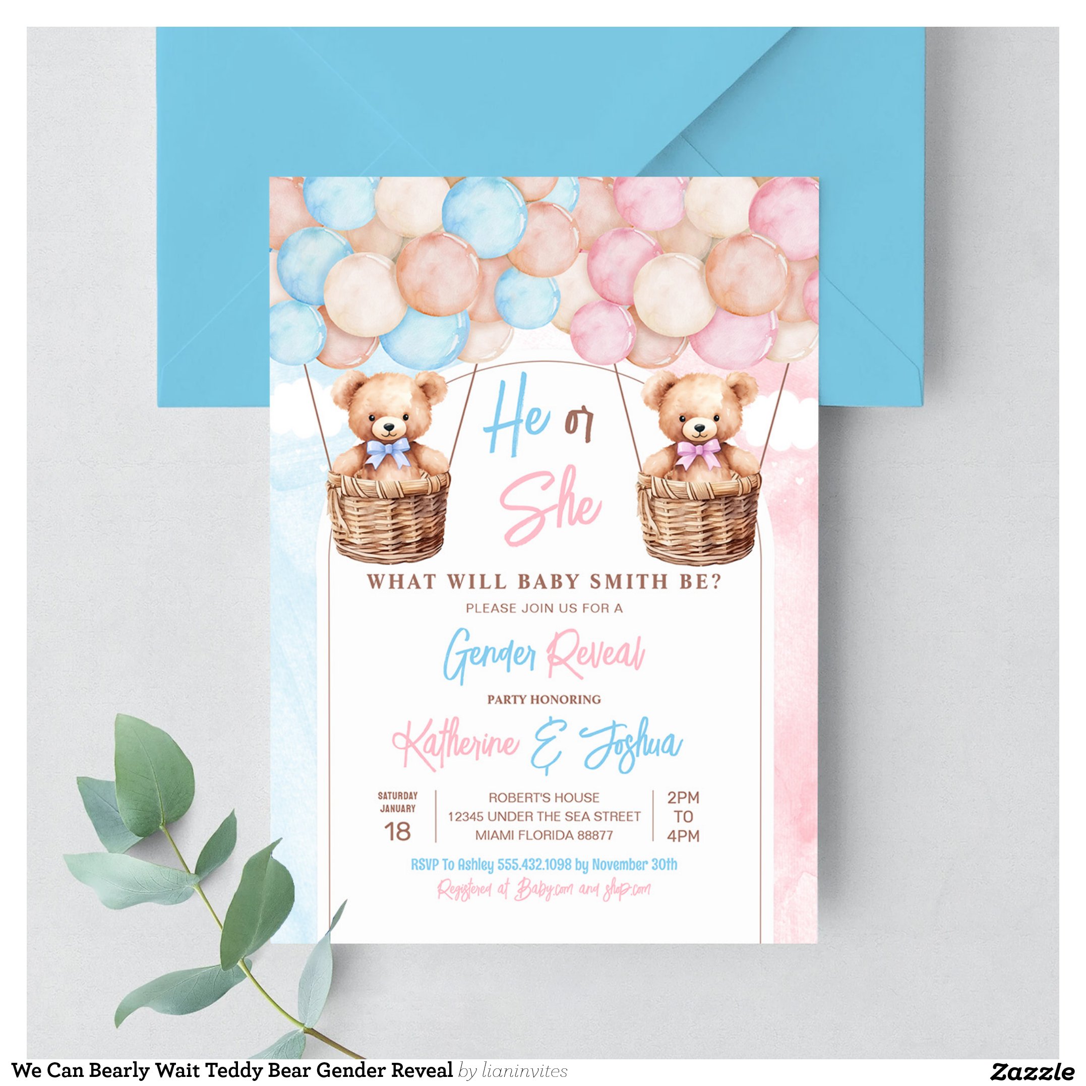 We Can Bearly Wait Teddy Bear Gender Reveal Invitation