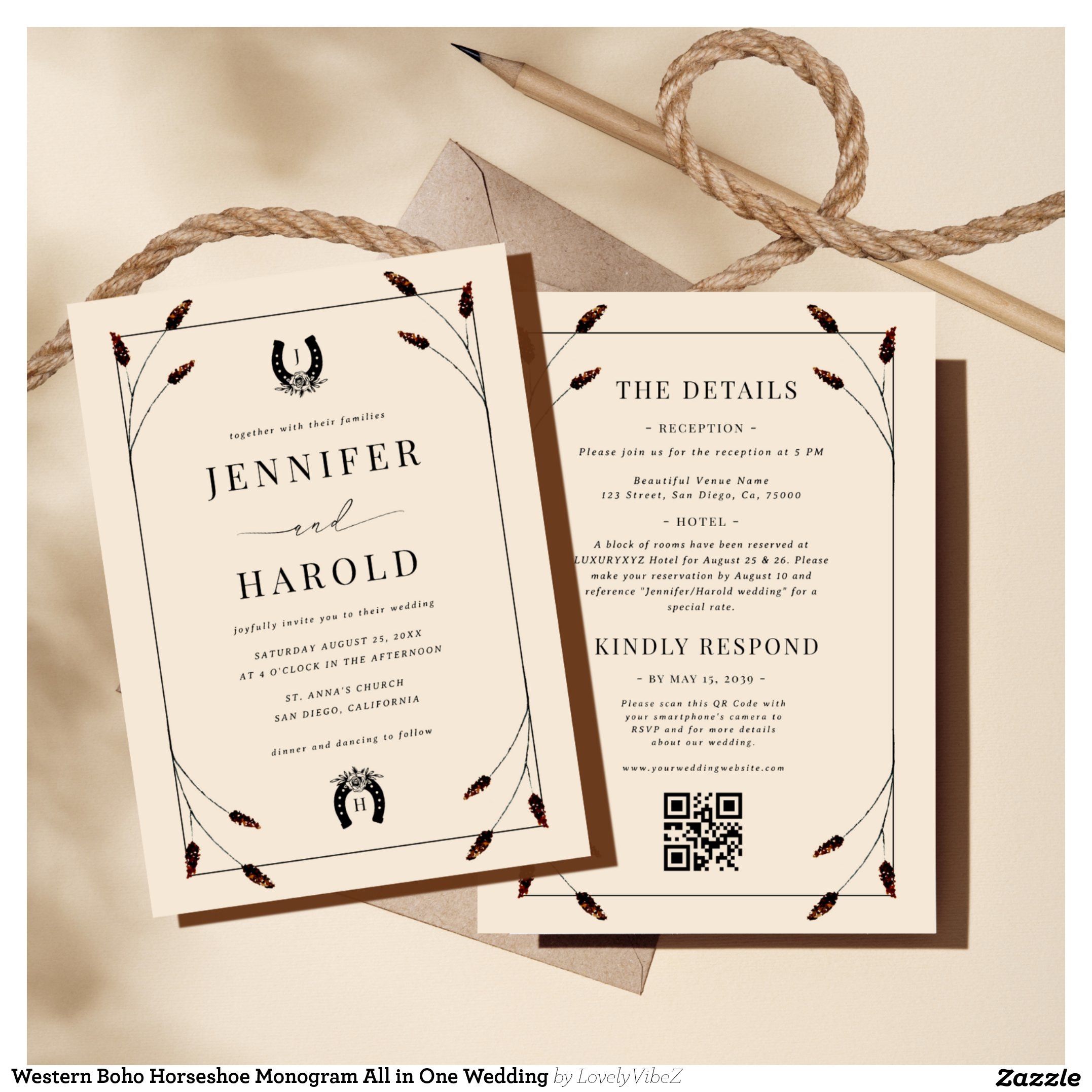 Western Boho Horseshoe Monogram All in One Wedding Invitation