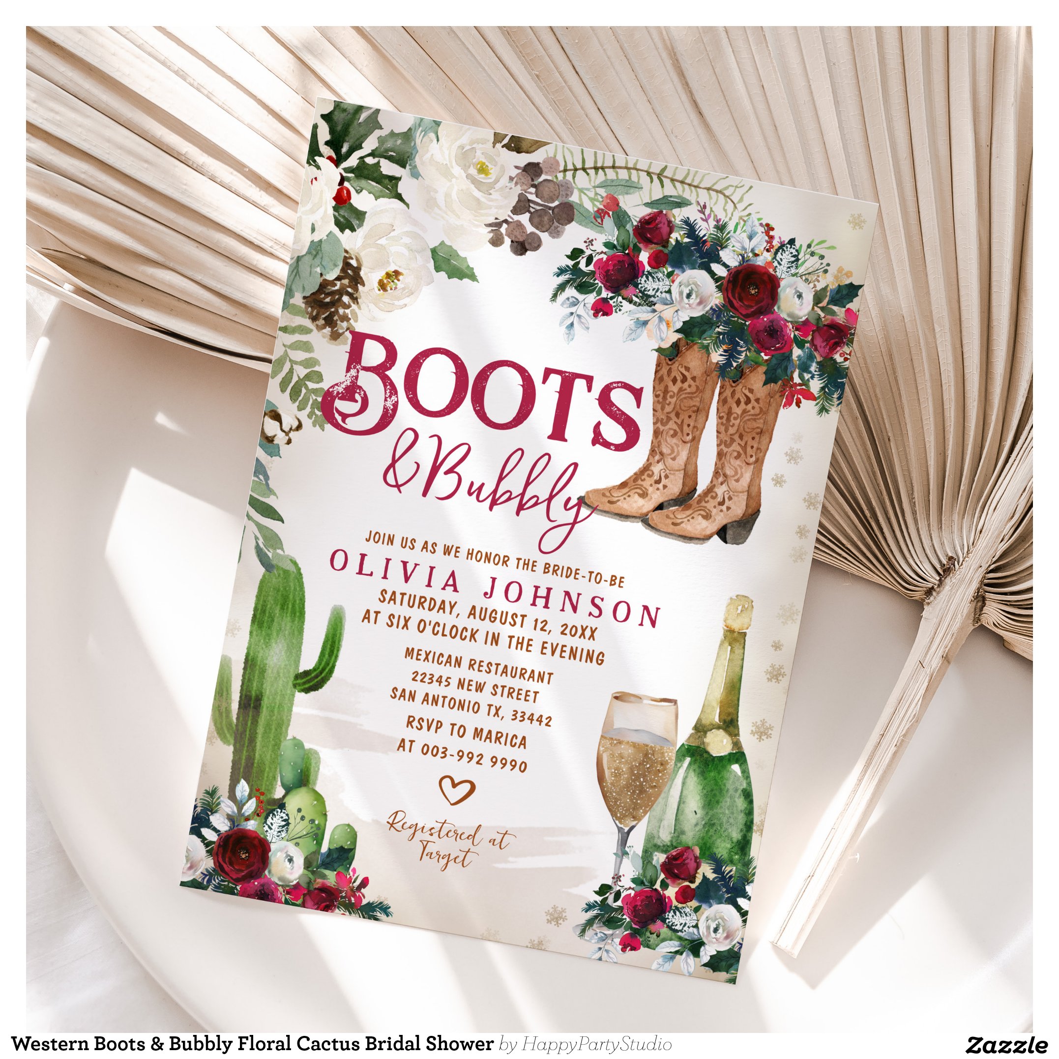 Western Boots & Bubbly Floral Cactus Bridal Shower Invitation