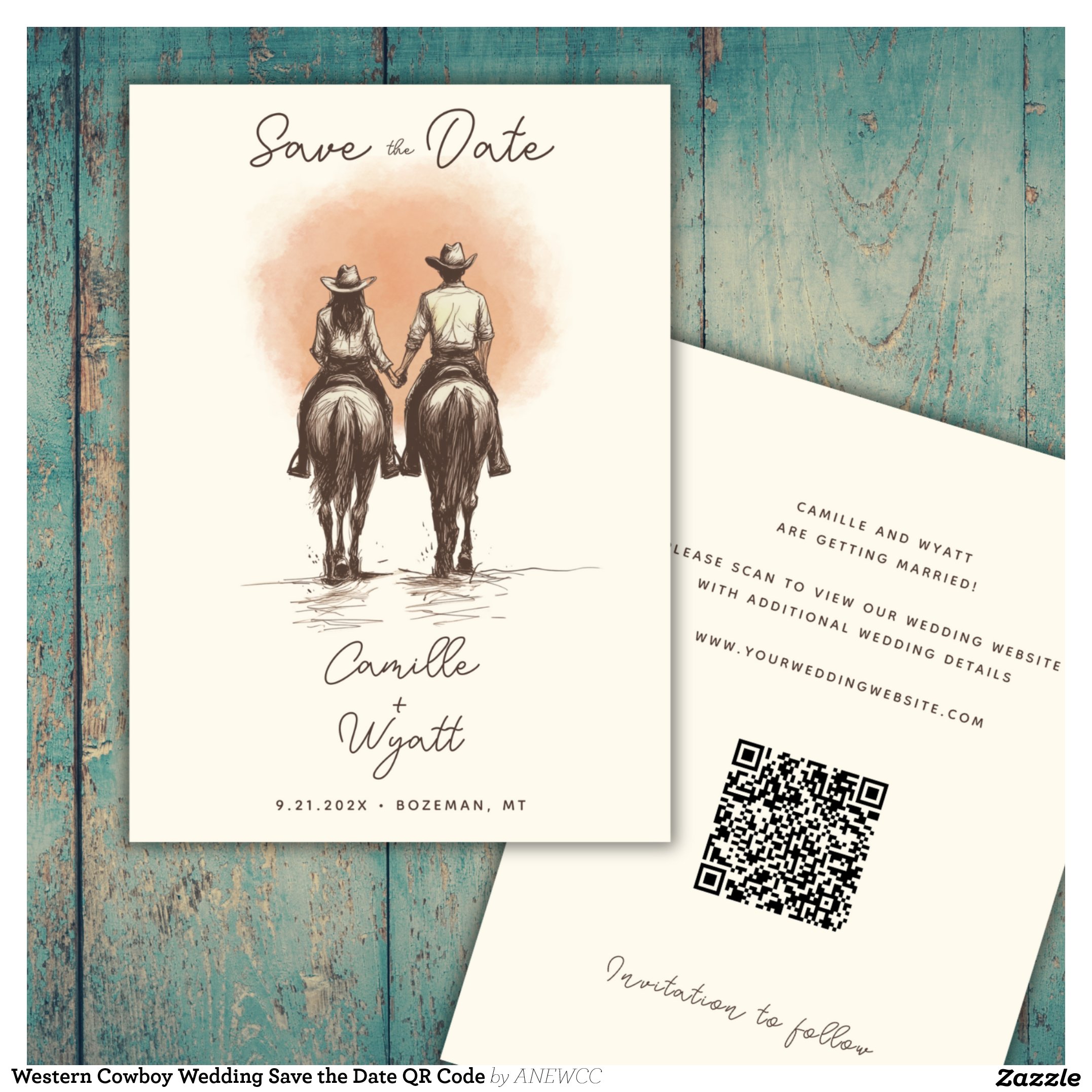 Western Cowboy Wedding Save the Date QR Code Invitation